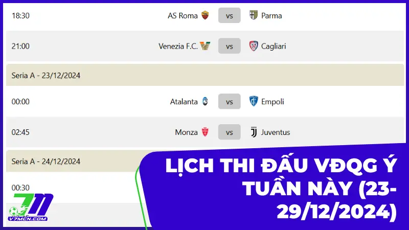 Lịch thi đấu và phát sóng giải VĐQG Ý tuần này (23-29/12/2024)