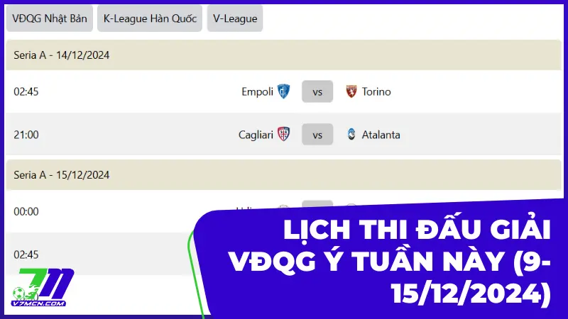 Lịch thi đấu và phát sóng giải VĐQG Ý tuần này (9-15/12/2024)