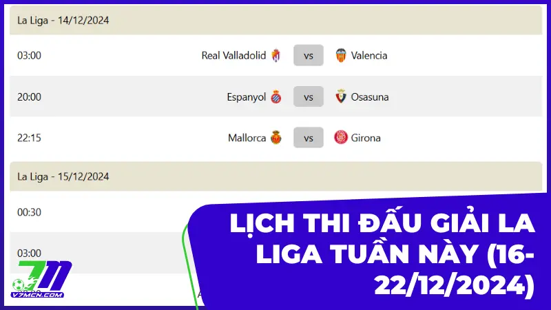 Lịch thi đấu và phát sóng La Liga tuần này (16-22/12/2024)