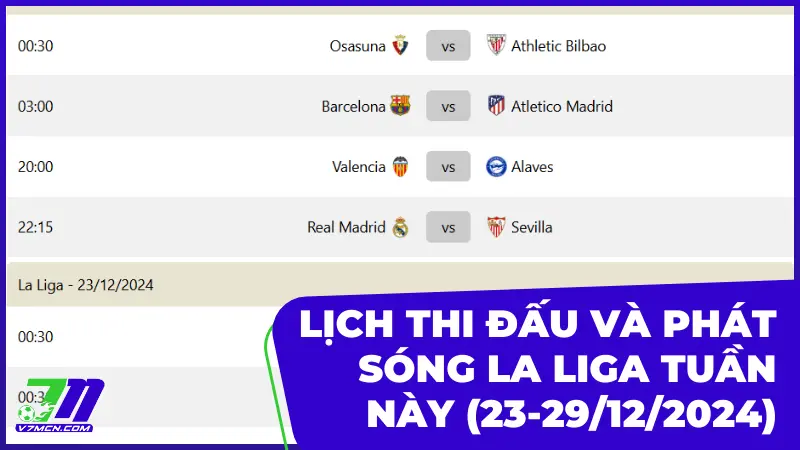 Lịch thi đấu và phát sóng La Liga tuần này (23-29/12/2024)
