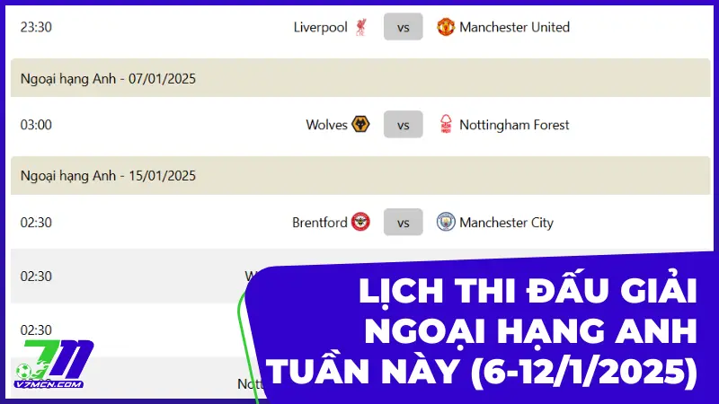 Lịch thi đấu và phát sóng giải Ngoại Hạng Anh tuần này (6-12/1/2025)