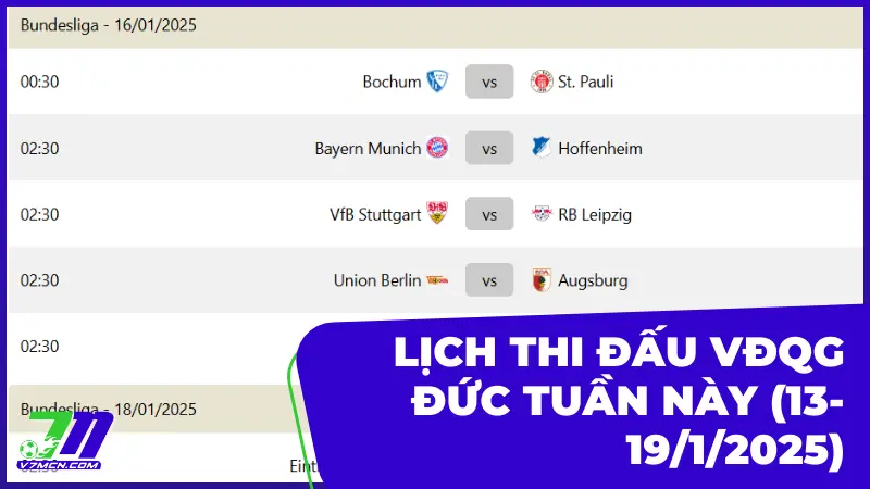 Lịch thi đấu và phát sóng giải VĐQG Đức tuần này (13-19/1/2025)