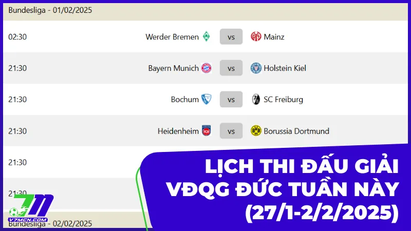 Lịch thi đấu và phát sóng giải VĐQG Đức tuần này (27/1-2/2/2025)