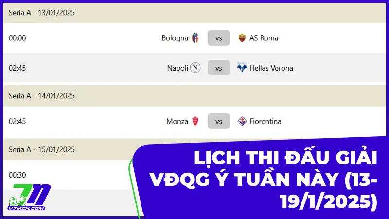 Lịch thi đấu và phát sóng giải VĐQG Ý tuần này (13-19/1/2025)