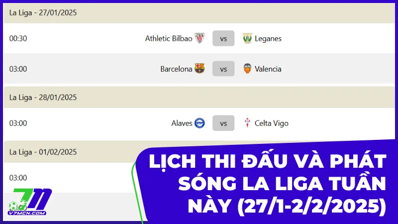Lịch thi đấu và phát sóng La Liga tuần này (27/1-2/2/2025)